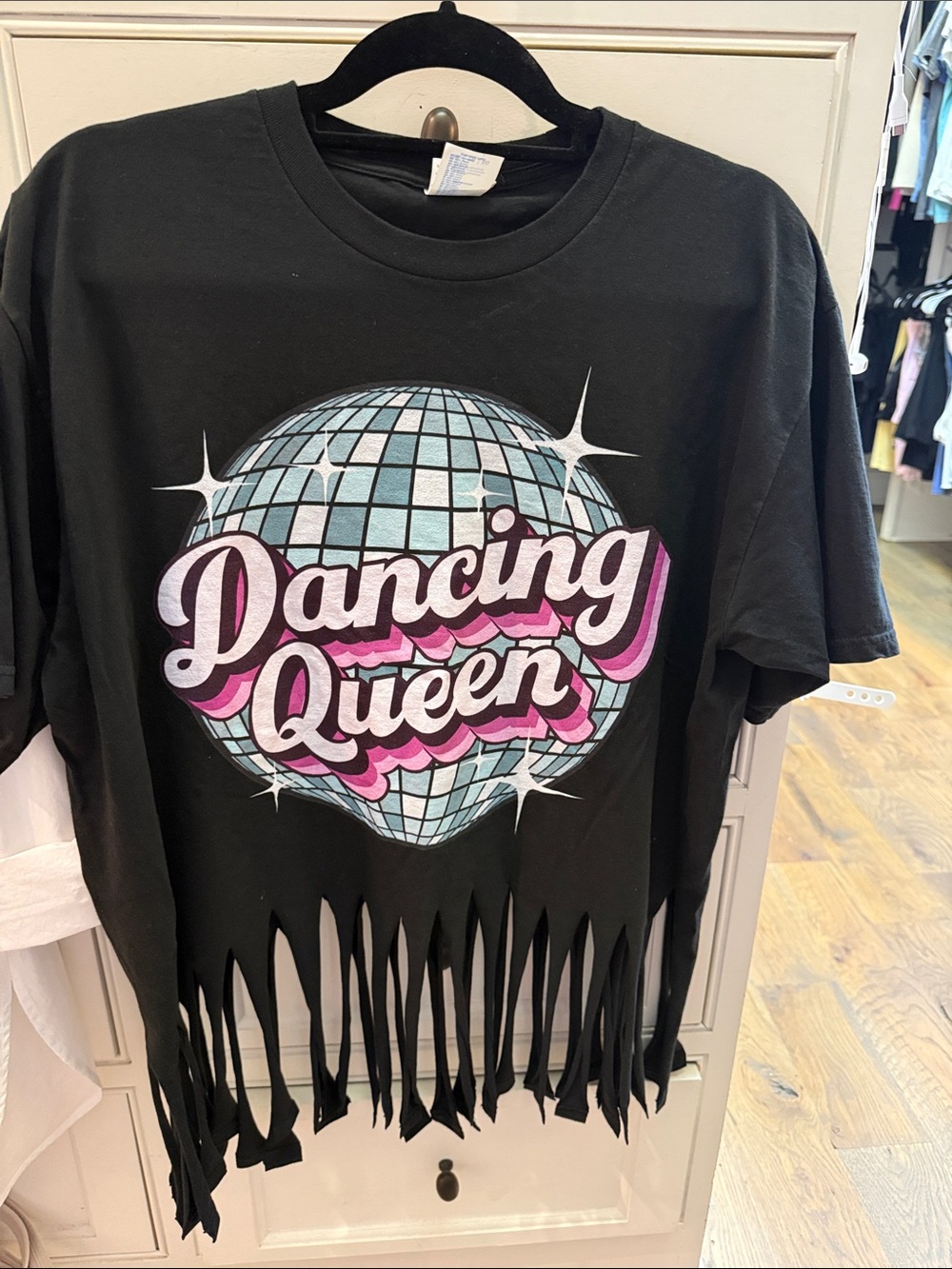 Dancing Queen Fringe Graphic Tee - Black with Pink & Light Blue